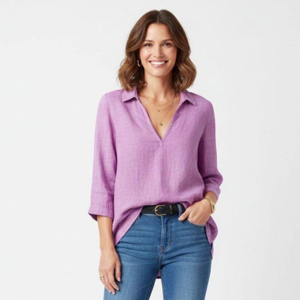 Sigrid Olsen 100% Linen Lavender Long Sleeve V Neck Tunic Blouse Top M
